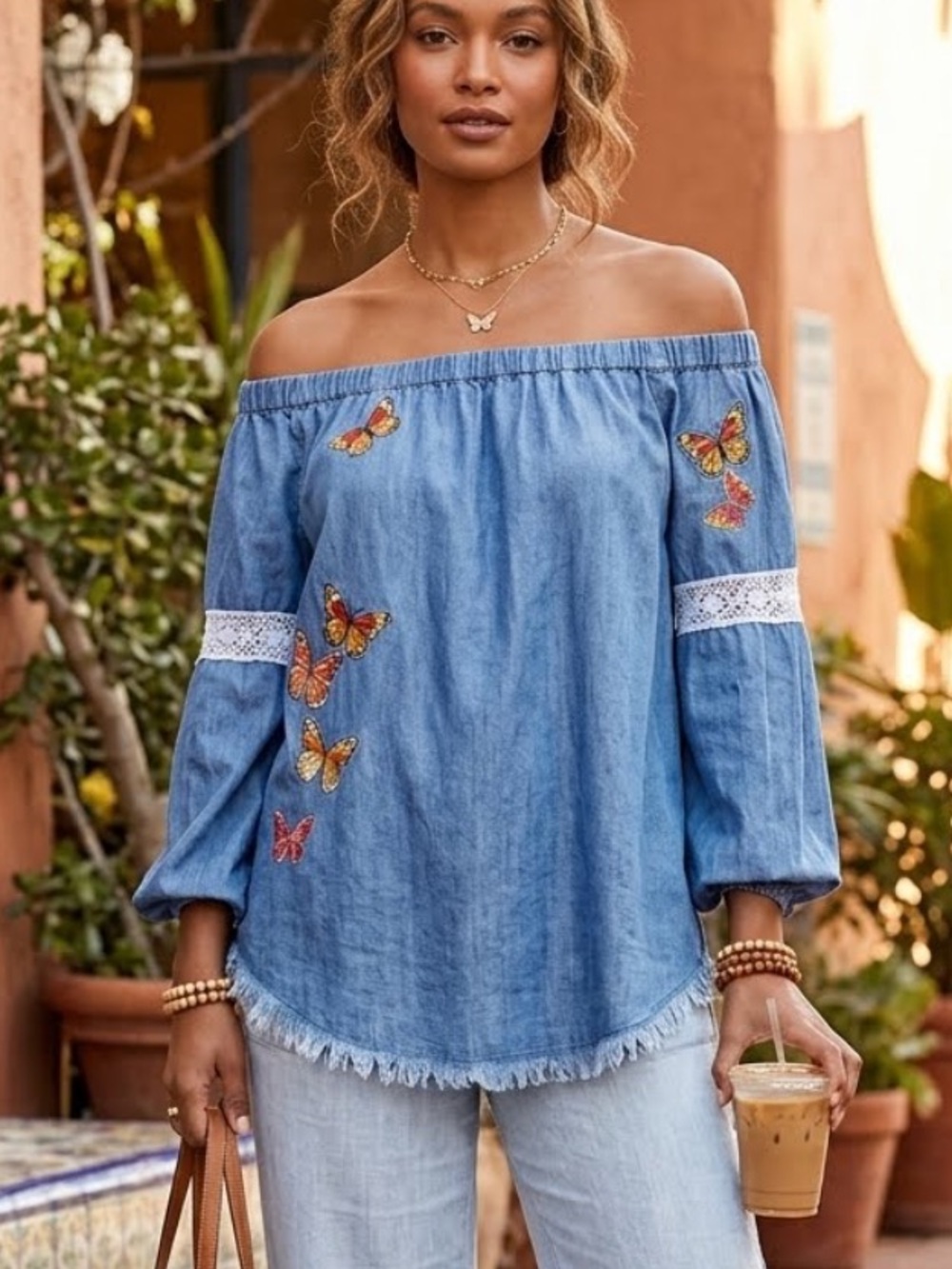 Standard Grace Chambray Tunic Shirt Off-Shoulder Butterfly Embroidery Size Large